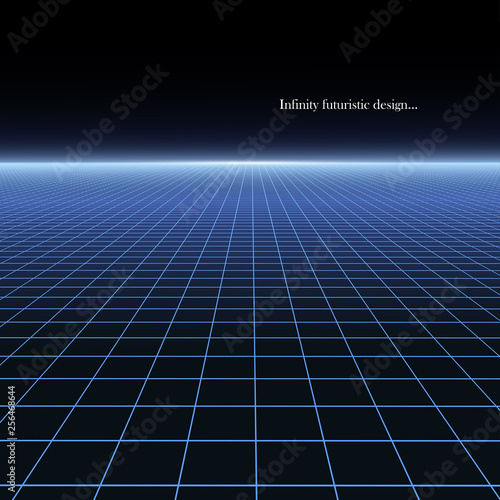 Abstract futuristic background with perspective - retro 1980s style. Bright grid neon texture. Digital design 80-90s.