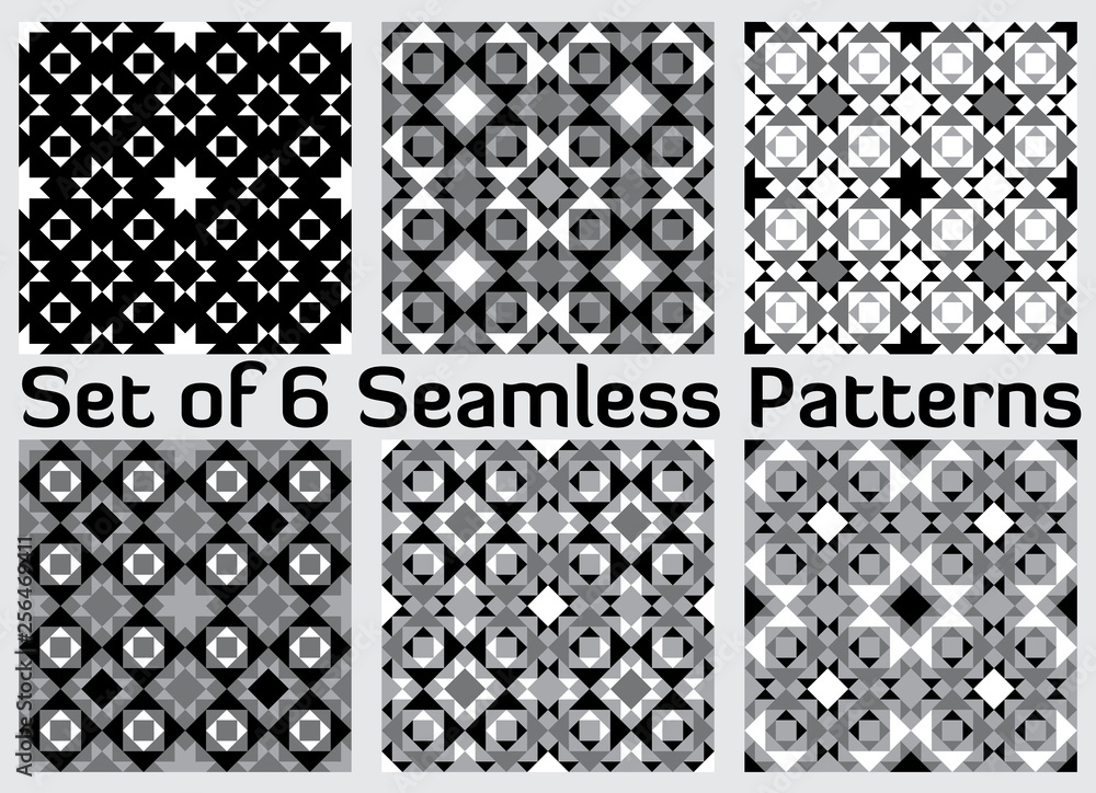 Set of 6 trendy geometric seamless patterns with triangles and squares of black, grey and white shades