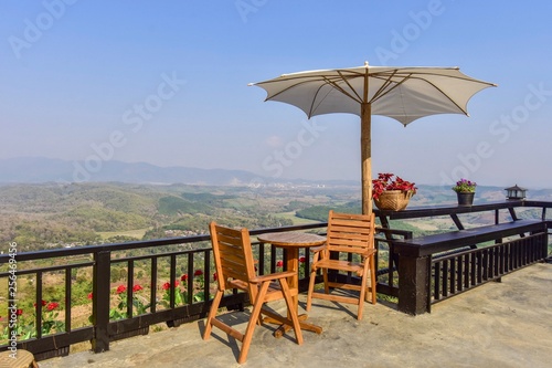 The place to relax and eat on the mountain With fresh air And with beautiful scenery, food products, many drinks, delicious coffee which is in Chiang Saen district Chiang Rai Thailand.