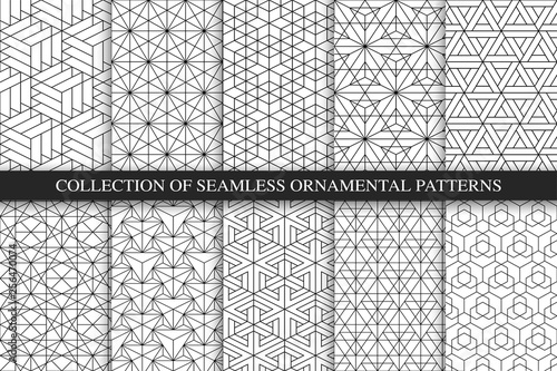 Collection of seamless ornamental vector patterns. Geometric trendy backgrounds. Creative linear texture