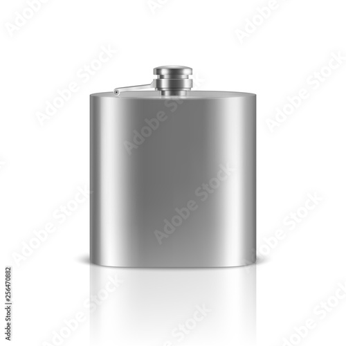 Vector 3d Realistic Silver Blank Stainless Steel Hip Flask Closeup Isolated on White Background. Design Template of Metal Flask for Mock up, Package, Advertising, Logo etc. Front View