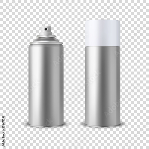 Vector 3d Realistic Silver Blank Spray Can, Spray Bottle with Cap Closeup Isolated on Transparent Background. Design Template of Sprayer Can for Mock up, Package, Advertising, Hairspray, Deodorant etc