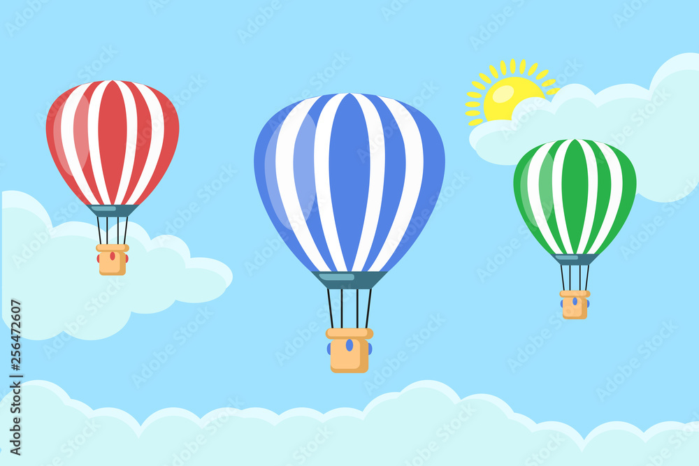 Hot air balloon in the sky with clouds isolated on blue background. Set of aerospace with basket. Flat cartoon design. Vector illustration. Hot air balloon in the sky with clouds isolated on blue background. Set of aerospace with basket. Flat cartoon design. Vector illustration.