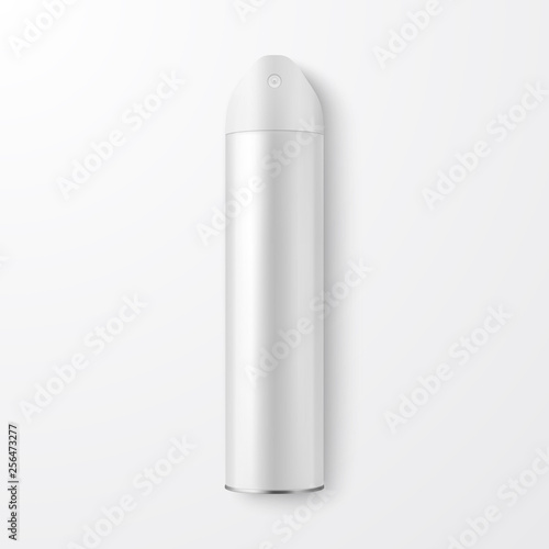 Vector 3d Realistic White Blank Spray Can, Spray Air Freshener Bottle Closeup Isolated on White Background. Design Template of Sprayer Can for Mock up, Package, Hairspray, Deodorant. Top View