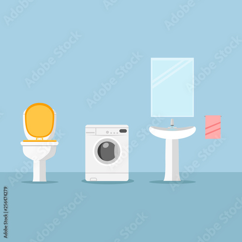 Toilet bowl, white washing machine, sink isolated on background. Landromat, faucet, basin icon. Bathroom interior Laungry, domestic appliance. Washer and dryer. Housework concept Vector flat design