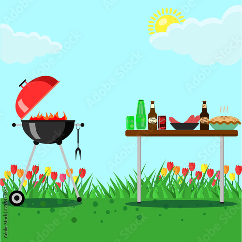 Portable round barbecue with red cap and fire isolated on background. BBQ grill device for holiday, family party. Picnic on grass with flowers. Table with pie, lime cola and beer. Vector flat design