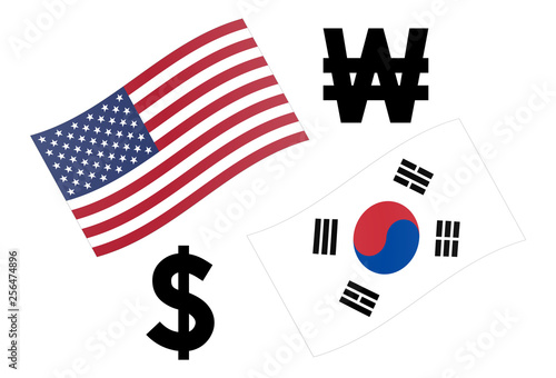 USDKRW forex currency pair vector illustration. American and Korean flag, with Dollar and Won symbol.