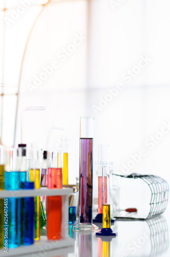 three erlenmeyer flask , Glassware on science laboratory research and development