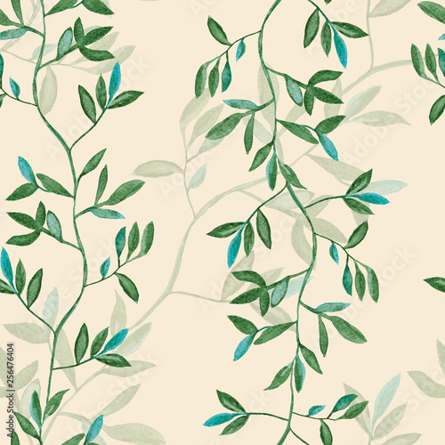 Green leaves on plant, watercolor painting - seamless pattern on light beige background