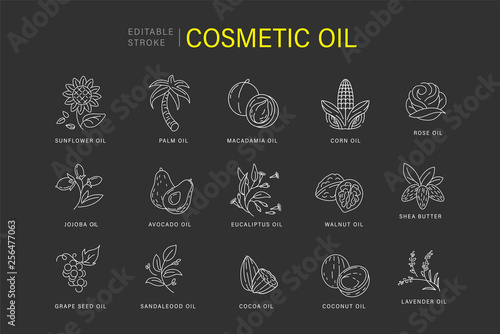 Vector icon and logo for natural cosmetics oil care dry skin. Editable outline stroke size. Line flat contour, thin and linear design. Simple icons. Concept illustration. Sign, symbol, element.