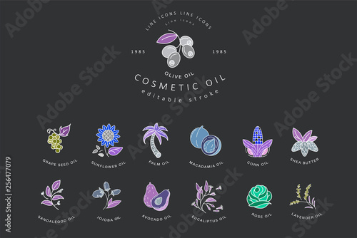 Vector icon and logo for natural cosmetics oil care dry skin. Editable outline stroke size. Line flat contour, thin and linear design. Simple icons. Concept illustration. Sign, symbol, element.