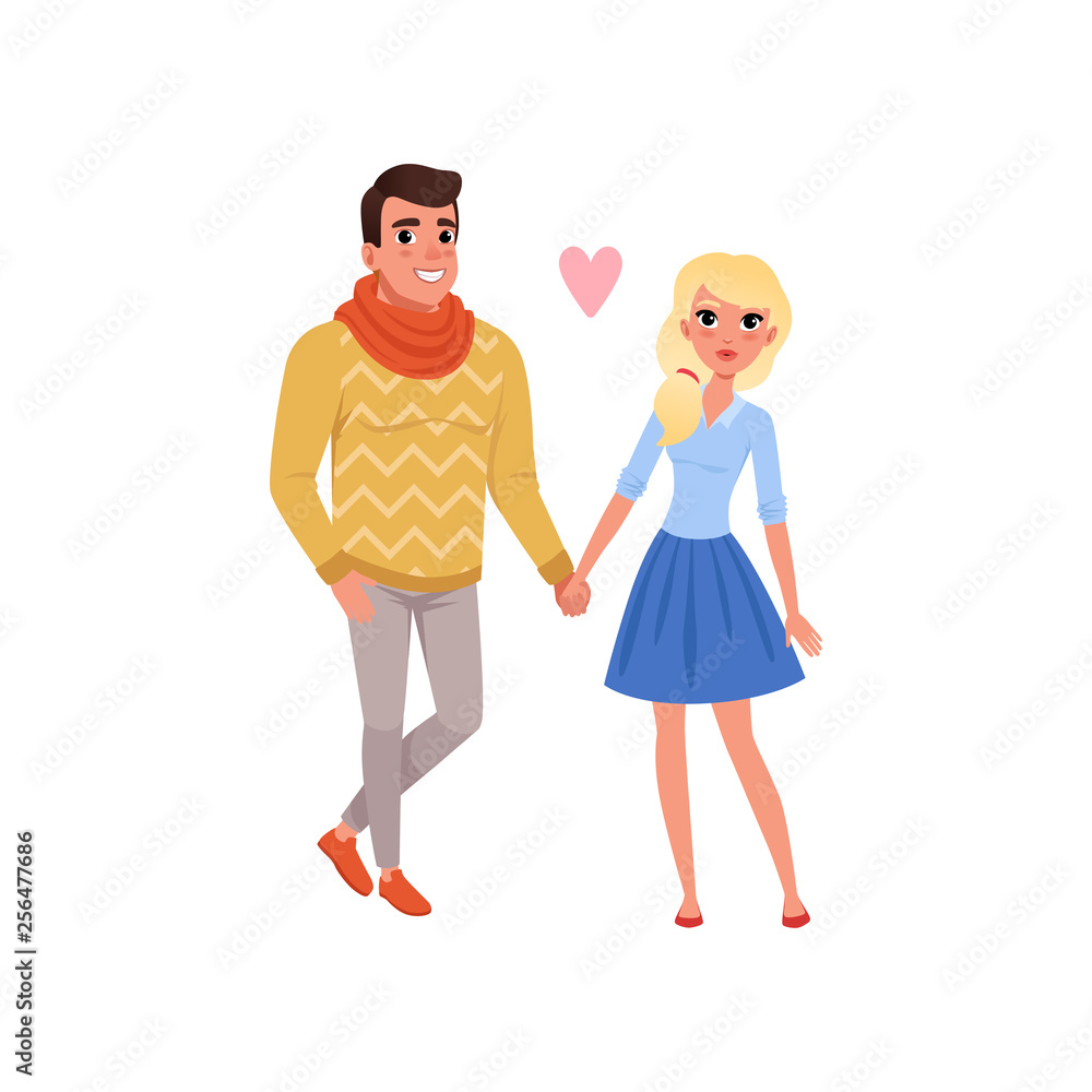 Young man and blonde beautiful woman characters holding hands, happy romantic  couple in love cartoon vector Illustration Stock Vector | Adobe Stock