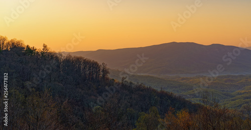 glowing spring sunrise over the Pisgah National Forest in North Carolina panoramic