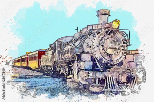 Watercolor sketch or illustration of an old fashioned train. Transportation of passengers and goods by train