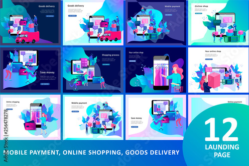 Landing page template of Online Shopping people and mobile payments. Vector illustration pos terminal confirms the payment using a smartphone, Mobile payment, online banking.