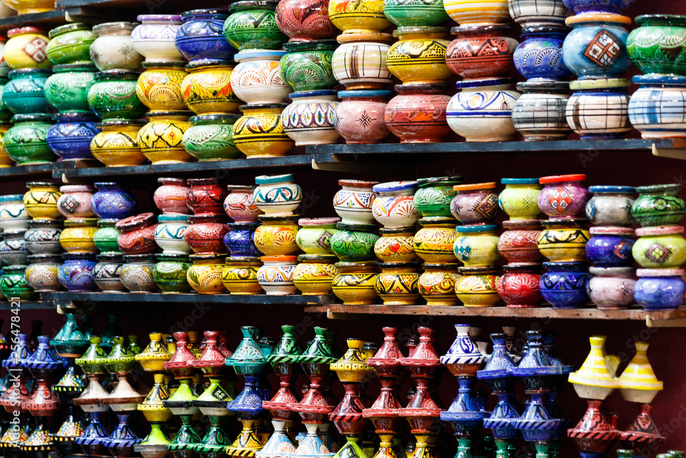 Traditional arabic handcrafted, colorful decorated plates at the market in Marrakesh, Morocco, Africa