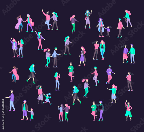 Vector people character walking on the street in autumn or winter clothes, friends and couples. Colorful Group of male and female flat cartoon characters