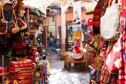 Traditional arabic busy and colorful bazaar market in Marrakesh, Morocco, Africa