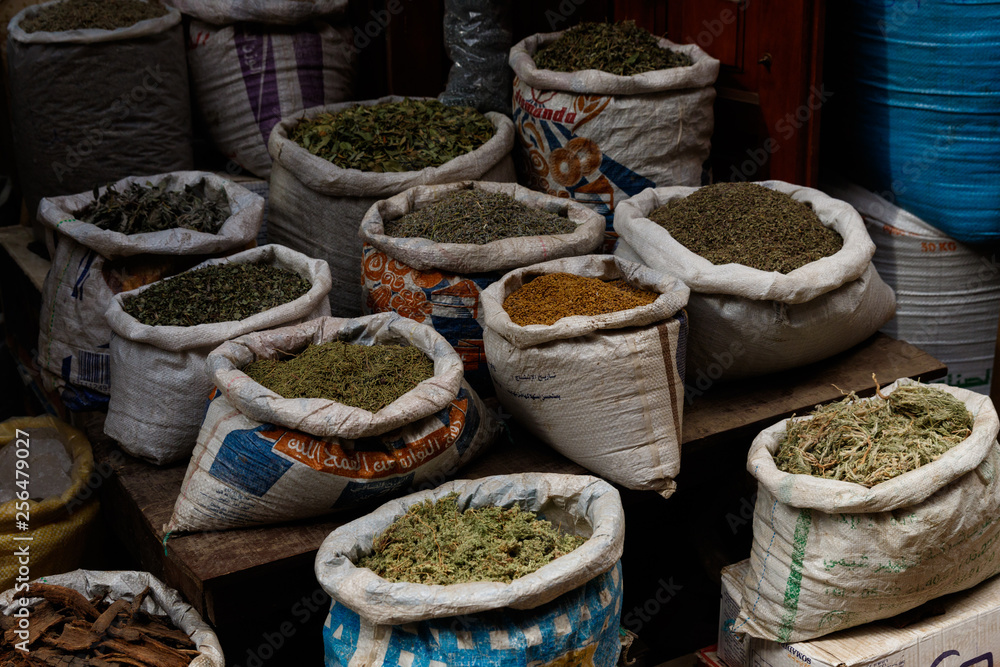 Fototapeta premium Diversity of colorful spices on a bazaar market in Marrakesh Morocco
