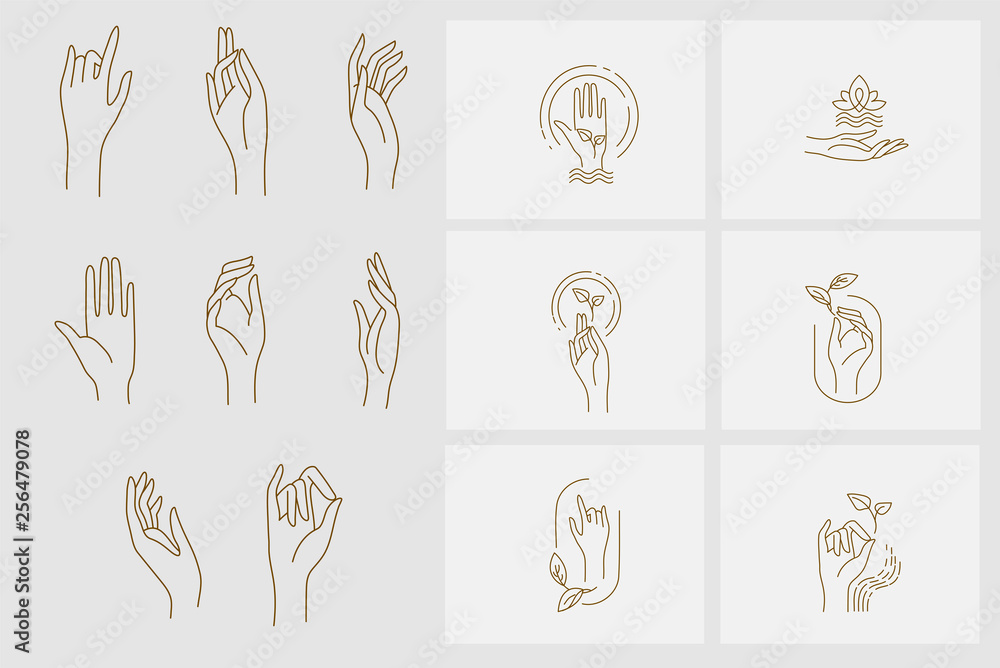 Vector icon and logo with hand for natural cosmetics and care dry skin. Editable outline stroke size. Line flat contour, thin and linear design. Simple icons. Concept illustration. Sign, symbol - obrazy, fototapety, plakaty 