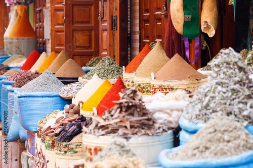 Diversity of colorful spices on a bazaar market in Marrakesh Morocco