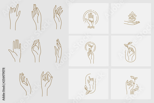 Vector icon and logo with hand for natural cosmetics and care dry skin. Editable outline stroke size. Line flat contour, thin and linear design. Simple icons. Concept illustration. Sign, symbol