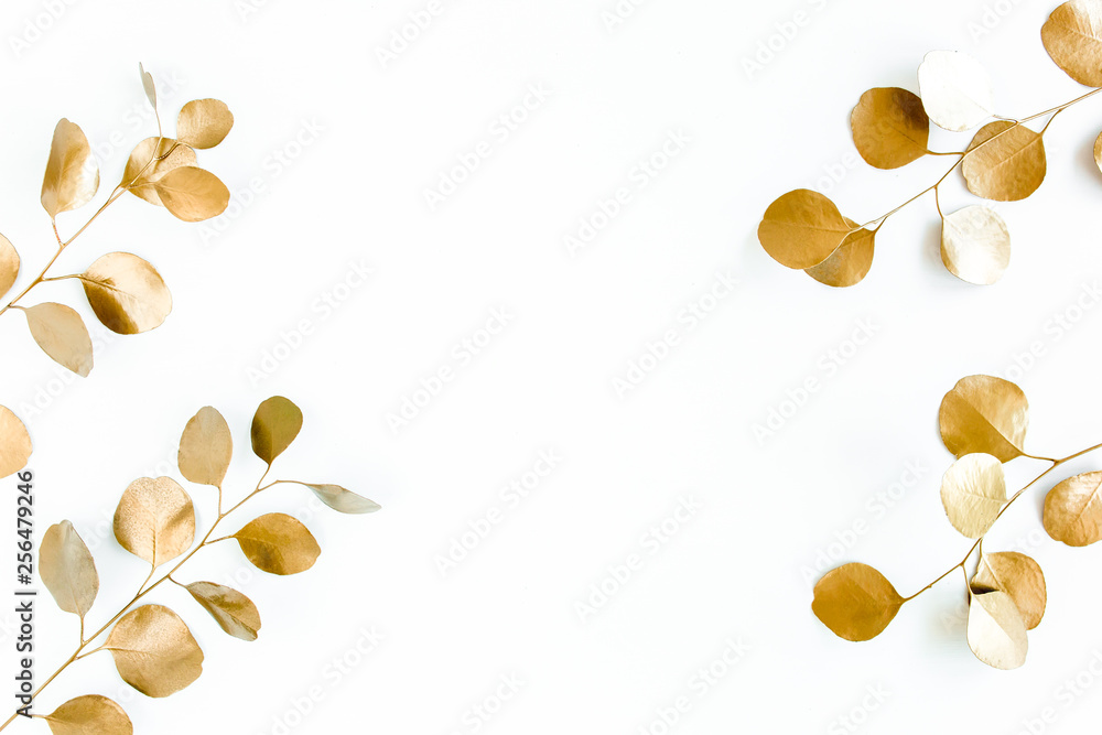 Borders of the frame of gold branches, eucalyptus leaves on a white background. flat layout, top view Borders of the frame of gold branches, eucalyptus leaves on a white background. flat layout, top view