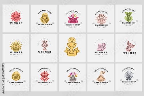 Vector icon and logo winner and champion. Editable outline stroke size. Line flat contour, thin and linear design. Simple icons. Concept illustration. Sign, symbol, element.