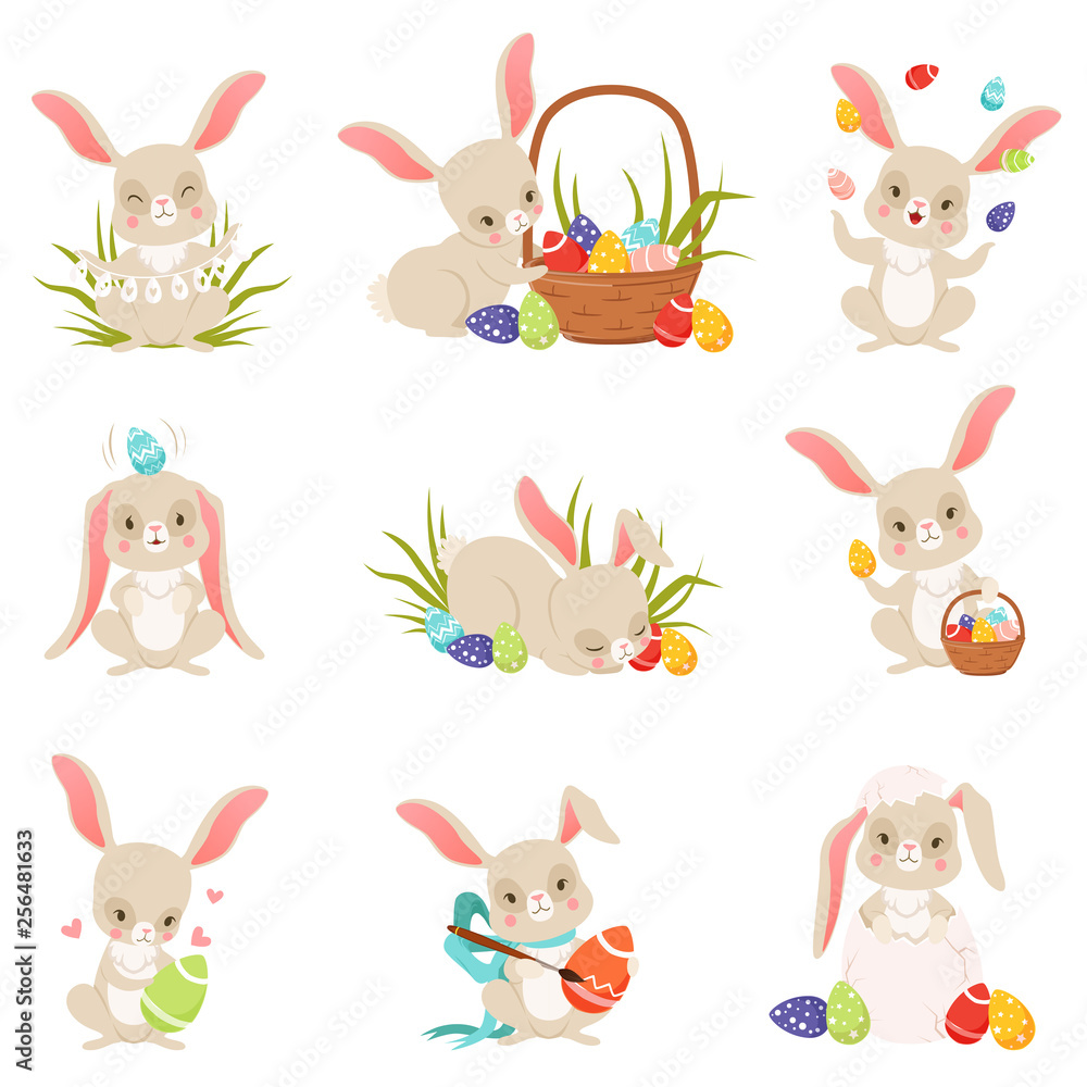 Obraz Cute cartoon bunnies holding and eggs set, funny rabbit characters, Happy Easter concept cartoon vector Illustrations