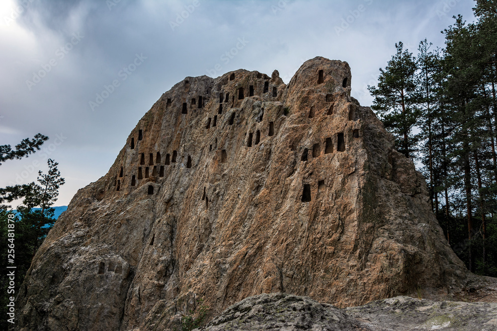 Thracian sanctuary Eagle Rocks or Orlovi Skali near town of Ardino in Rhodopes mountain, Kardzhali Region, Bulgaria