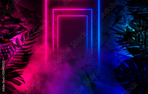 Empty scene background, abstract background with multicolored bokeh and neon lights. Silhouettes of tropical leaves