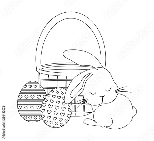 cute rabbit with basket and eggs of easter