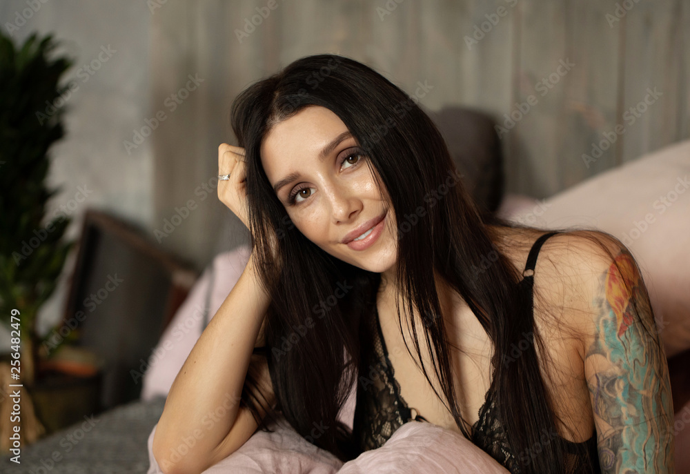 Fototapeta premium Close up morning portrait of smiling pretty woman, sensual fresh happy face, positive emotions. 
