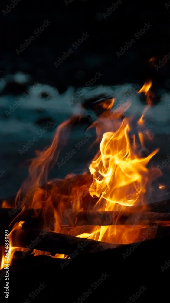 Flames burning wood in the night on blue Flames burning wood in the night on blue