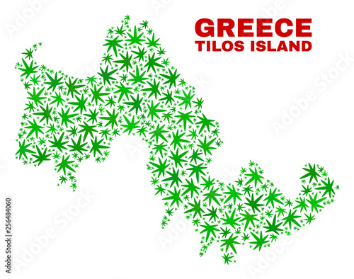 Vector marijuana Tilos Island map collage. Template with green weed leaves for weed legalize campaign. Vector Tilos Island map is organized with weed leaves.