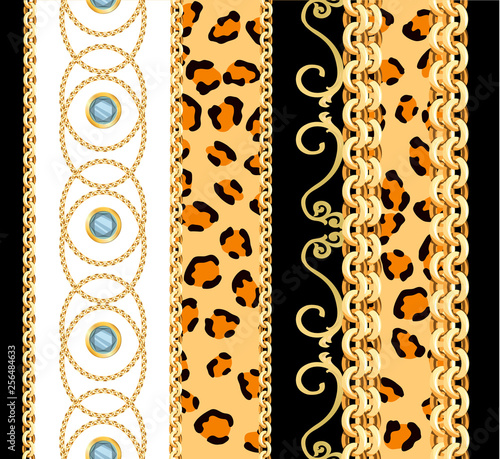 Seamless pattern with chains, baroque ornament on leopard, giraffe and zebra background. photo