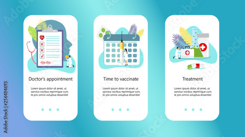 Time to vaccinate. Vector illustration syringe with vaccine, bottle, vaccination calendar and doctors. Modern vector illustration concepts for website and mobile website development, apps is presented