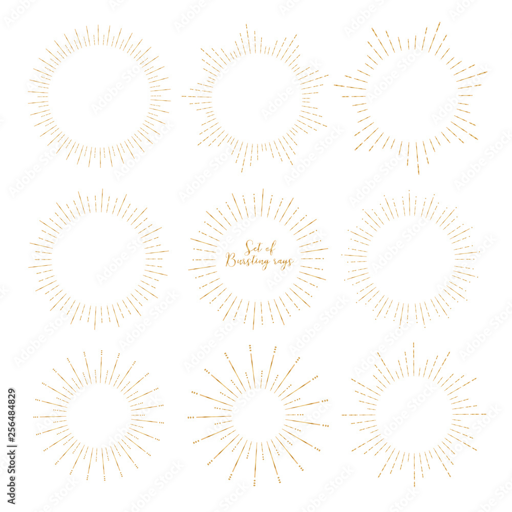 Set of golden sunburst style isolated on white background, Bursting rays vector illustration. Set of golden sunburst style isolated on white background, Bursting rays vector illustration.