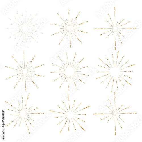 Set of golden sunburst style isolated on white background  Bursting rays vector illustration.