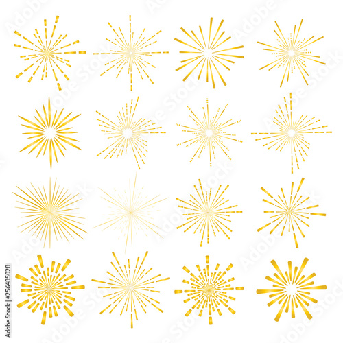 Set of golden sunburst style isolated on white background, Bursting rays vector illustration.