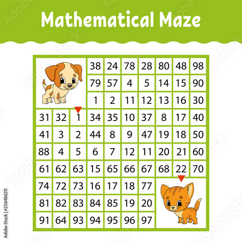 Mathematical colored square maze. Education developing worksheet. Game for kids. Puzzle for children. The study of numbers. Labyrinth conundrum. Flat vector illustration isolated on white background