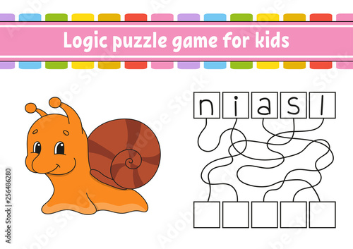 Logic puzzle game. Learning words for kids. Find the hidden name. Education developing worksheet. Activity page for study English. Game for children. Isolated vector illustration. Cartoon style.
