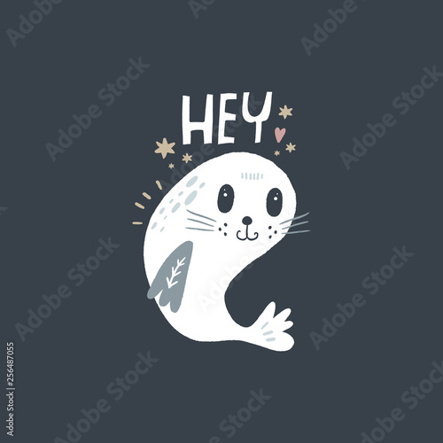 Little cute arctic seal and lettering text, pattern elements. Child illustration, doodle, nursery scandinavian style