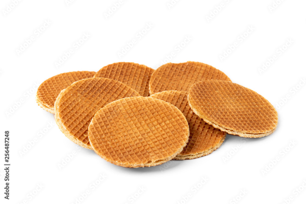 Waffles with caramel filling isolated on white background. Waffles with caramel filling isolated on white background.