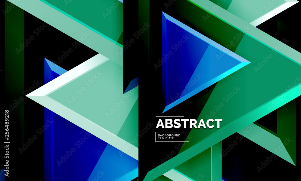 Triangles repetiton geometric abstract background, multicolored glossy triangular shapes, hi-tech poster cover design or web presentation template with copy space Triangles repetiton geometric abstract background, multicolored glossy triangular shapes, hi-tech poster cover design or web presentation template with copy space
