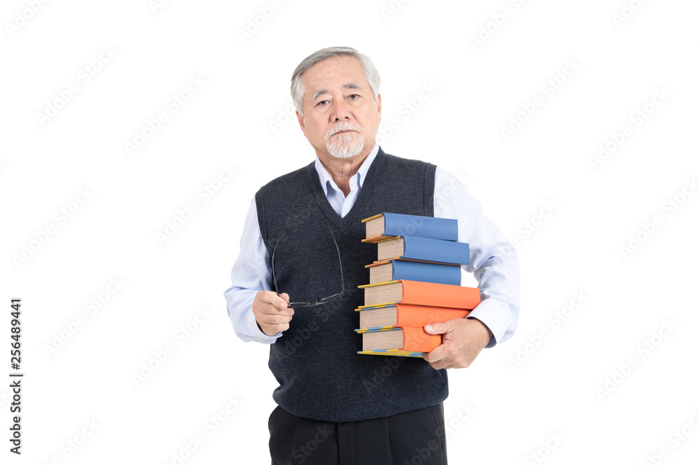 Portrait asian senior old man teacher or professor hold book wearing eyeglasses thinking with copy space for your promotional or text isolated on white background. Portrait asian senior old man teacher or professor hold book wearing eyeglasses thinking with copy space for your promotional or text isolated on white background.
