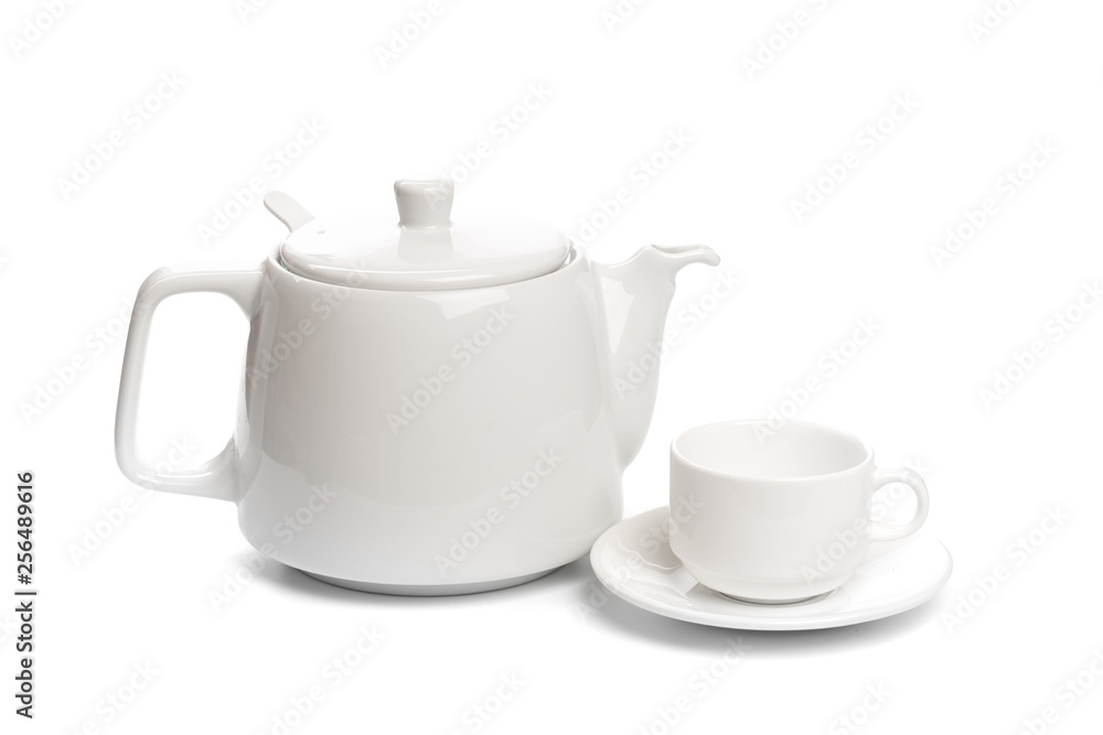 white yeapot with cup isolated on white background- Image white yeapot with cup isolated on white background- Image