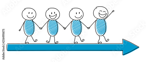 Cartoon people with walking on arrow. Vector