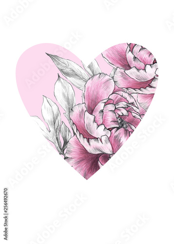 Floral heart with pink peoni flowers. Watercolor for Valentine day, wedding. photo