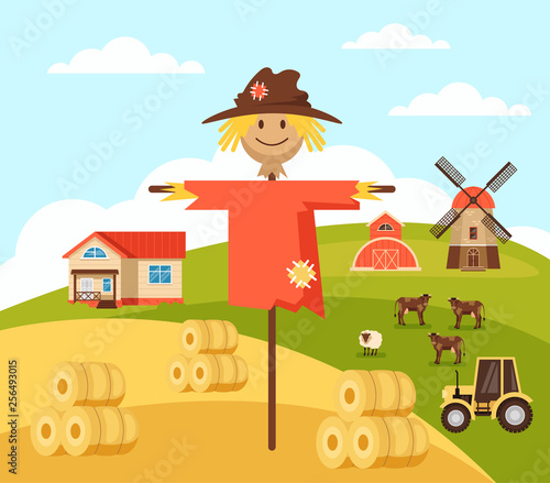 Happy smiling scarecrow character standing on meadow. Farming agriculture concept. Vector flat graphic design isolated illustration